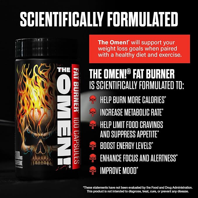 JNX SPORTS The Omen! Thermogenic Fat Burner – Dietary Supplement for Men & Women with L Carnitine | Appetite Suppressant & Metabolism Booster | 100 Capsules