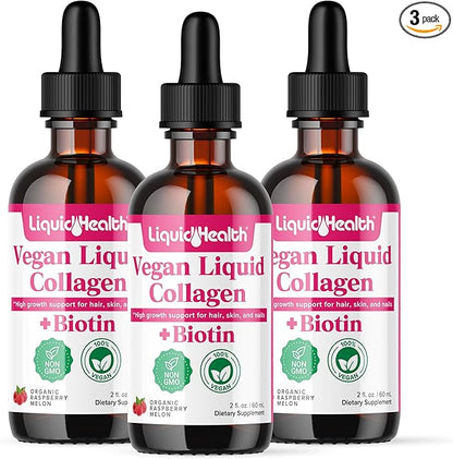 LIQUIDHEALTH 100% Vegan Collagen Plus Biotin 100,000mcg Liquid Drops - Plant-Based Liquid Collagen for Women, Men - Hair & Nail Growth, Skin Health, Boosts Metabolism - Non-GMO, Sugar Free (3 Pack)
