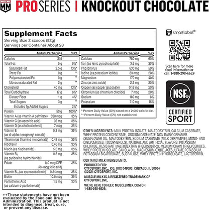 Muscle Milk Pro Series Protein Powder Supplement, Knockout Chocolate, 5 Pound, 28 Servings, 50g Protein, 3g Sugar, 20 Vitamins & Minerals, NSF Certified for Sport, Workout Recovery