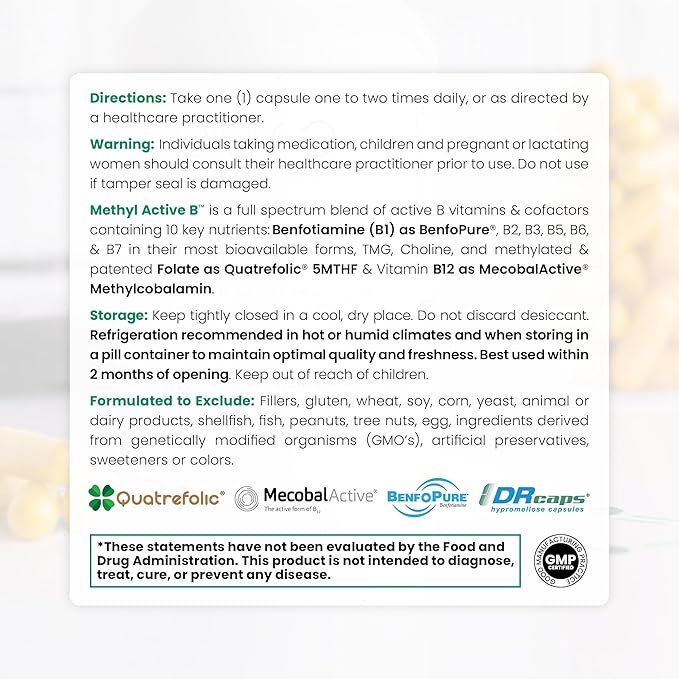 Pure Therapro Rx Methyl Active B Vitamins for Men and Women | Methylated Vitamins Including Methyl B12, Methylfolate, Benfotiamine, Choline, Niacin, TMG & More | 60 Vegetable Capsules