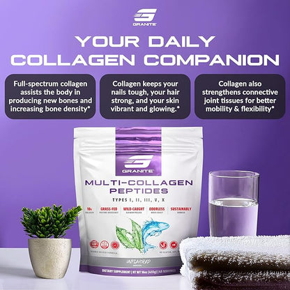 Granite Supplements Collagen Peptides Powder - Hair Skin and Nails Vitamins with Type I, II, III, V, X Hydrolyzed Collagen Peptides for Nail Growth, Bone, Joint Support Supplement for Mobility, 16oz