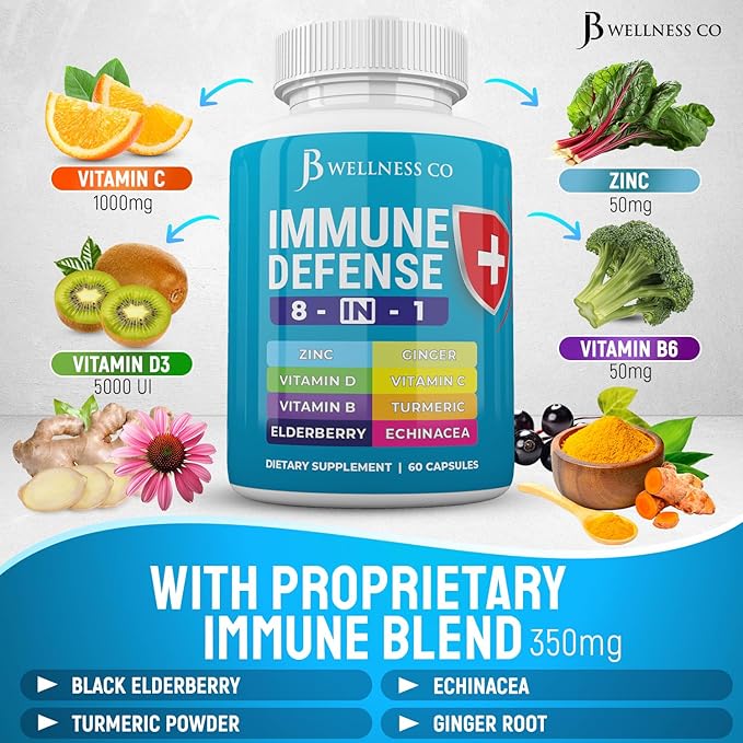 Immune Support 8 in 1 Capsules - Zinc Supplement, Vitamin D3 5000 IU, Vitamin C 1000MG and Elderberry - Immune Booster Supplement with Echinacea, Ginger Root, and Turmeric