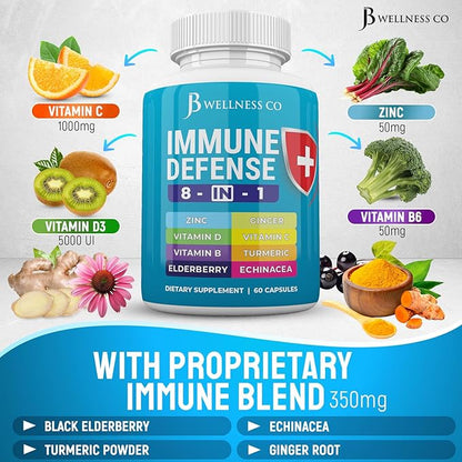 Immune Support 8 in 1 Capsules - Zinc Supplement, Vitamin D3 5000 IU, Vitamin C 1000MG and Elderberry - Immune Booster Ginger Root, and Turmeric - [2-Pack]