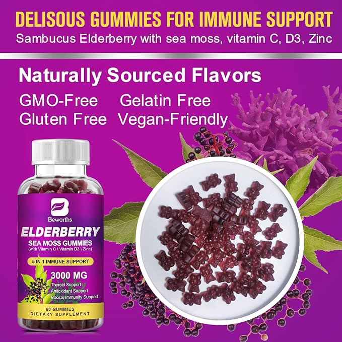 Elderberry Gummies & Irish Sea Moss, Organic Sambucus Elderberry Gummy with Seamoss, Zinc, Vitamin C, D3, Multivitamin Elderberry Vitamin Immune & Energy Support Supplements - Sugar-Free