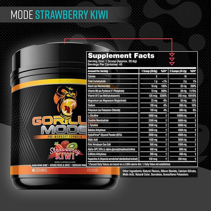 Gorilla Mode Pre Workout - Massive Pumps · Laser Focus · Energy · Power - L-Citrulline, Creatine, L-Tyrosine, Betaine, Hydroprime®, Alpha-GPC, 400mg Caffeine, Huperzine A – 816g (Strawberry Kiwi)