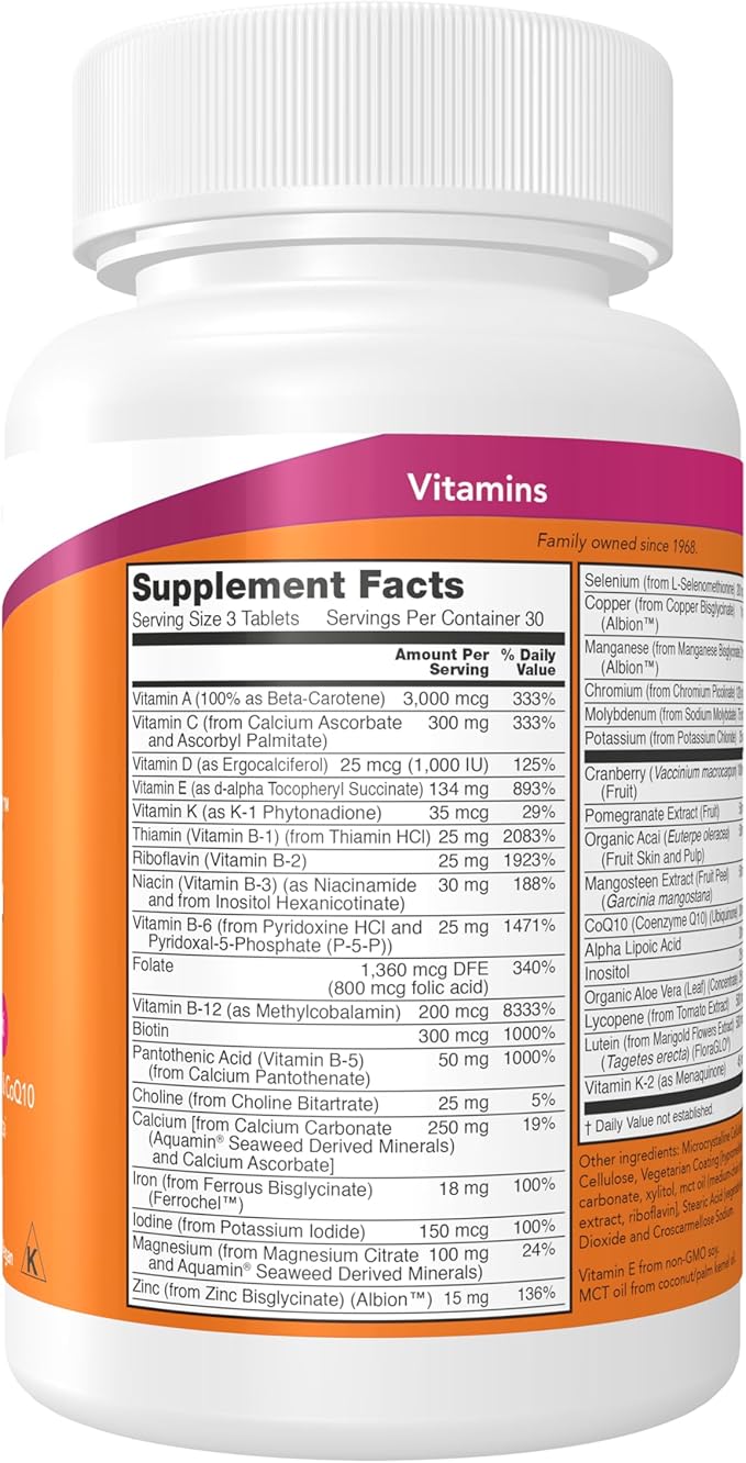 NOW Foods Supplements, Eve™ Women's Multivitamin with Cranberry, Alpha Lipoic Acid and CoQ10, plus Superfruits - Pomegranate, Acai & Mangosteen, 90 Tablets