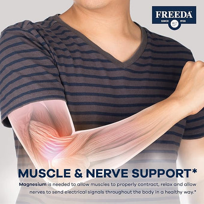 Freeda Magnesium Gluconate - Kosher Vegan Magnesium Supplement for Men & Women - Leg & Muscle Cramp and Spasm Relief - Natural Muscle Relaxer - Magnesio Vitamins and Supplements (100 Tablets)