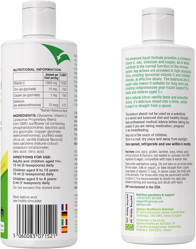 High Absorption Liposomal Vitamin C 1000mg & Zinc Bisglycinate, 30-90 Servings, Liquid Immune Support for Adults & Kids 5+, Non-GMO, Sugar-Free, Citrus & Vanilla Flavor, by Igennus