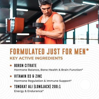 Boron Supplement For Men With Tongkat Ali - Boron 10mg, Vitamin D3, Zinc Picolinate 30mg, Longjack Tongkat Ali For Men - Boron Citrate For Men’s Health - Non GMO, Gluten Free, No Allergens - 60 ct
