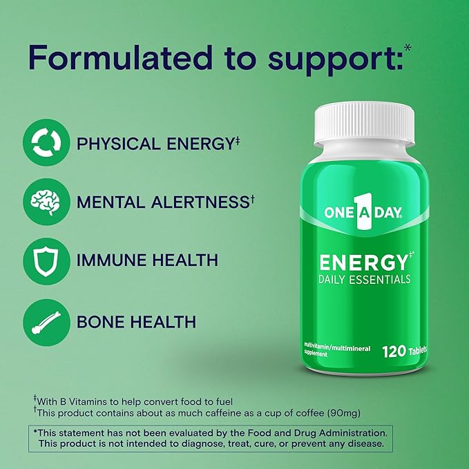 One A Day Energy Daily Essentials Multivitamin, Energy Supplement to Support Physical Energy & Mental Alertness Support with Vitamin B6, Vitamin B12, Caffeine & Folic Acid, 120 Count