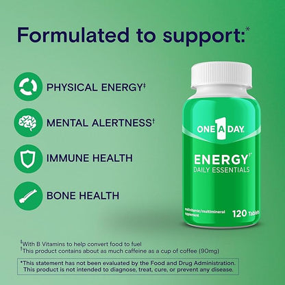 One A Day Energy Daily Essentials Multivitamin, Energy Supplement to Support Physical Energy & Mental Alertness Support with Vitamin B6, Vitamin B12, Caffeine & Folic Acid, 120 Count
