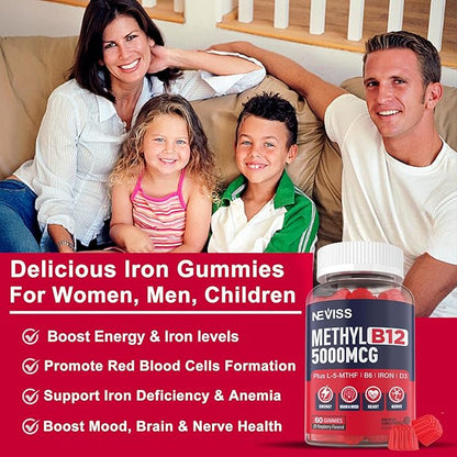 Iron Gummies 18mg+Vitamin B12 5000 mcg for Adults Kids - 4 Months Supply - 98% Purity Carbonyl Iron Supplement for Women Men, w/Folate,D3,B6 for Iron Deficiency&Anemia, Red Blood Cell Formation,Energy