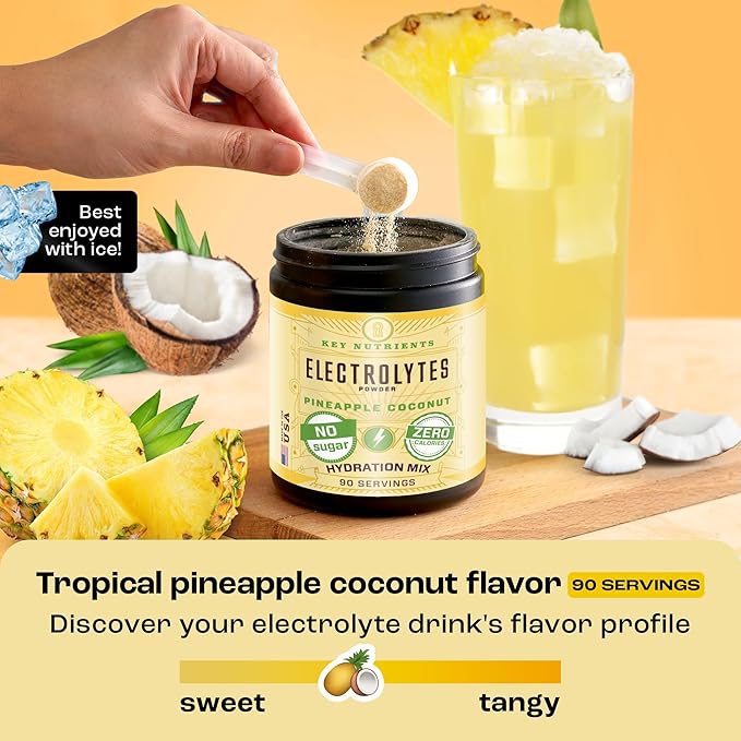 KEY NUTRIENTS Multivitamin Electrolytes Powder No Sugar - Tropical Pineapple Coconut Electrolyte Powder - Endurance & Energy Supplement - Hydration Powder - No Calories - 90 Servings - Made in USA