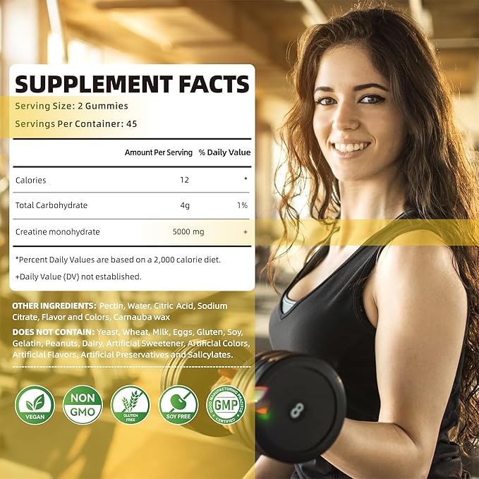 Creatine Monohydrate Gummies 5g for Men Women - Sugar Free Chewable Supplement. 90 Gummies Lemon.