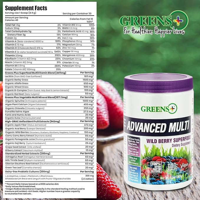 Greens+ Advanced Multi Wild Berry Superfood Powder, Organic Healthy Blend for Morning Vitality, Nutrition, Vibrant Health, Dietary Supplement, Vitamins & Minerals, Vegan, Soy/Dairy/Gluten Free(9.4oz)