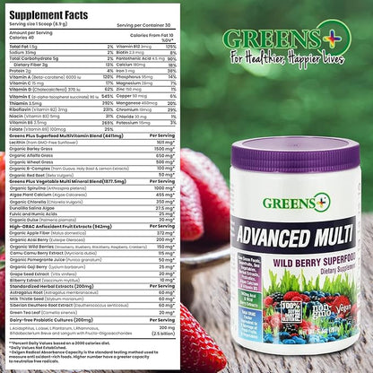 Greens+ Advanced Multi Wild Berry Superfood Powder, Organic Healthy Blend for Morning Vitality, Nutrition, Vibrant Health, Dietary Supplement, Vitamins & Minerals, Vegan, Soy/Dairy/Gluten Free(9.4oz)