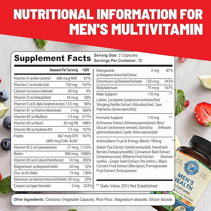 Mens Daily Multivitamin Multimineral Supplement for Energy, Focus, Stamina & Performance. Made for Men with 30+ Nutrients, Fruit & Energy Blend. Mens Vitamins USA Made 60 Capsules