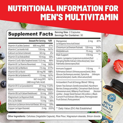 Mens Daily Multivitamin Multimineral Supplement for Energy, Focus, Stamina & Performance. Made for Men with 30+ Nutrients, Fruit & Energy Blend. Mens Vitamins USA Made 60 Capsules