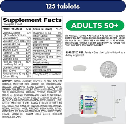 Equate Adult 50+ One Daily Complete Multivitamin Multimineral Supplement Tablets, Healthy Brain* - Compare to Centrum Silver, 125 Pills (Pack of 1)