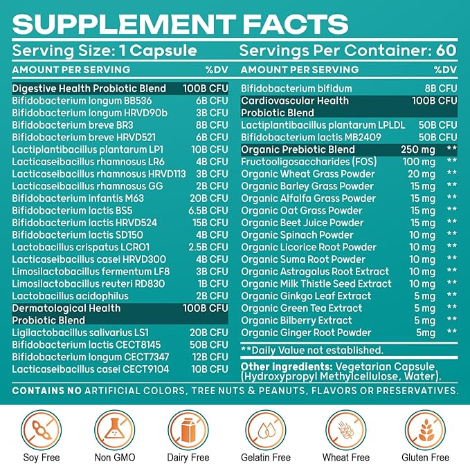 Probiotics for Women & Men - 300 Billion CFU, 24 Strains Probiotic + 15 Organic Herbs Prebiotics Blend, Daily Prebiotics and Probiotics for Digestive Health, Gut, Immune, Bloating - 2 Months Supply