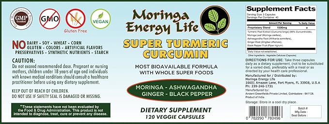 Moringa Super Turmeric Capsules 120, Natural Superfood Supplement for Moringa Oleifera Leaf, Curcumin, Black Pepper, Ashwagandha, Ginger. Gluten-Free, Vegan