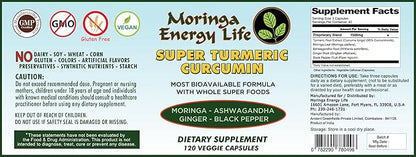 Moringa Super Turmeric Capsules 120, Natural Superfood Supplement for Moringa Oleifera Leaf, Curcumin, Black Pepper, Ashwagandha, Ginger. Gluten-Free, Vegan