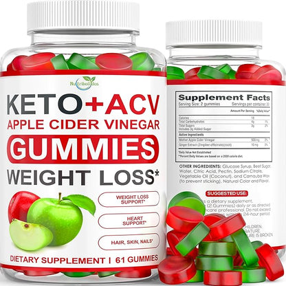 Keto ACV Gummies Advanced Weight Loss - ACV Keto Gummies Supplement for Women and Men - Metabolism, Detox, Cleanse - Apple Cider Vinegar Kelly Clarkson - Ginger + Apple Flavor - 61 CT