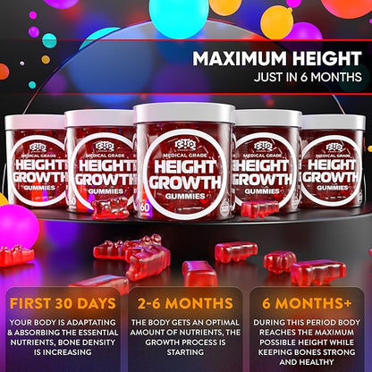 Height Growth Increase Gummies Vitamins, Grow Tall Supplement, Calcium, Magnesium, Zinc, Ashwagandha, Glucosamine Multivitamin for Teens, Kids, Adults