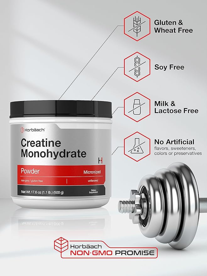 Horbäach Creatine Monohydrate Powder | 1.1lb (17.6 oz) | Micronized and Unflavored | Vegetarian, Non-GMO, and Gluten Free Supplement