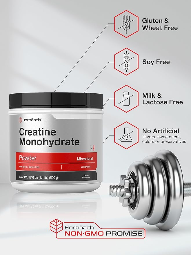 Horbäach Creatine Monohydrate Powder | 1.1lb (17.6 oz) | Micronized and Unflavored | Vegetarian, Non-GMO, and Gluten Free Supplement