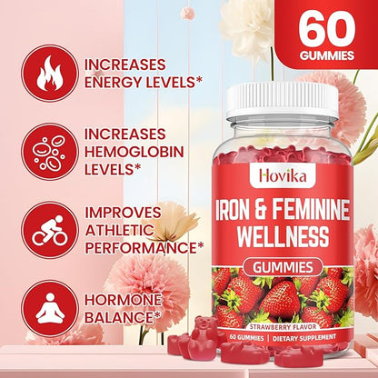 Iron for Women Gummies, 40mg Iron Supplement Anemia with multivitamin for Women, Zinc, Selenium, Iodine - for Iron Deficiency - Natural Hormonal Support for PMS, Strawberry Flavour, 2 Pack