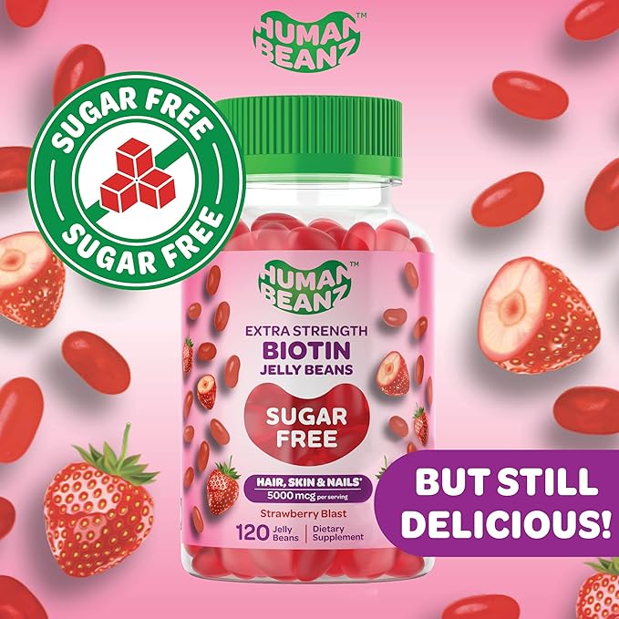 Sugar Free Biotin Jelly Bean Gummy Vitamins, 5000mcg Extra Strength Biotin for Hair, Skin, and Nails, 120 Strawberry Blast Jellybeans Vitamins for Men and Women, Kosher