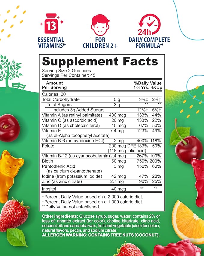 SUNNY SAM Kids Multivitamin Gummies - 90 Chewable Vitamins - Daily Supplement with 14 Essential Vitamins for Ages 2 and Above - Includes Vitamin A, C, D, E, Vegetarian B6 and B12, Zinc, Biotin