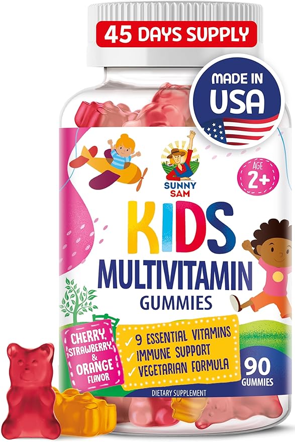 SUNNY SAM Kids Multivitamin Gummies - 90 Chewable Vitamins - Daily Supplement with 14 Essential Vitamins for Ages 2 and Above - Includes Vitamin A, C, D, E, Vegetarian B6 and B12, Zinc, Biotin