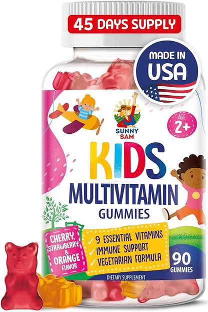 SUNNY SAM Kids Multivitamin Gummies - 90 Chewable Vitamins - Daily Supplement with 14 Essential Vitamins for Ages 2 and Above - Includes Vitamin A, C, D, E, Vegetarian B6 and B12, Zinc, Biotin