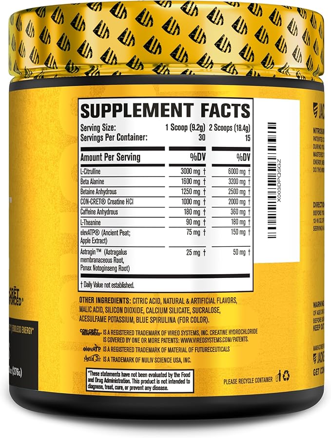 Jacked Factory Nitrosurge Build Pre Workout with Creatine for Muscle Building - Con Cret Creatine Powder & elevATP for Intense Energy, Powerful Pump, & Endless Endurance - 30 Servings, Blue Raspberry