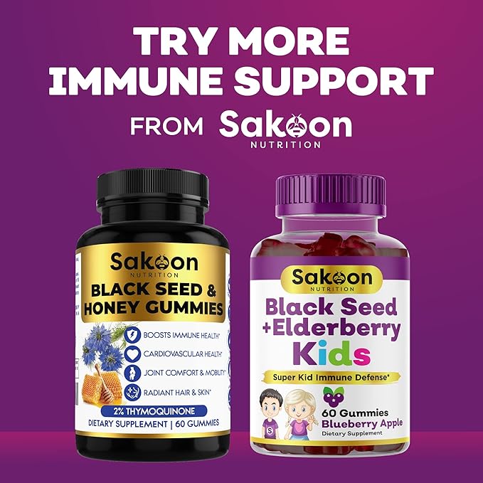 Sakoon nutrition Elderberry & Black Seed Oil Gummies for Kids, Immune Support Gummies, with Vitamin C and Zinc, Delicious Berry Flavor, 60 Gummies