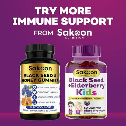 Sakoon nutrition Elderberry & Black Seed Oil Gummies for Kids, Immune Support Gummies, with Vitamin C and Zinc, Delicious Berry Flavor, 60 Gummies