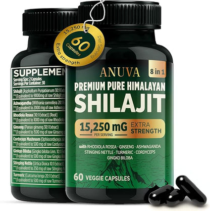 Anuva Pure Premium Himalayan Shilajit 15,250mg, with Ashwagandha, Cordyceps Mushroom, Turmeric, Ginseng, Gingko Biloba, Stinging Nettle, 60 Vegetarian Capsules | Shilajit for Men, Shilajit for Women