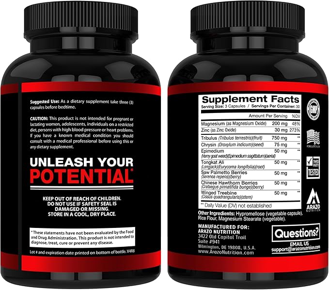 Arazo Nutrition TestoBoost Test Booster Supplement - Potent & Natural Herbal Pills - Boost Muscle Growth - Tribulus, Epimedium, Hawthorn, Zinc, Minerals