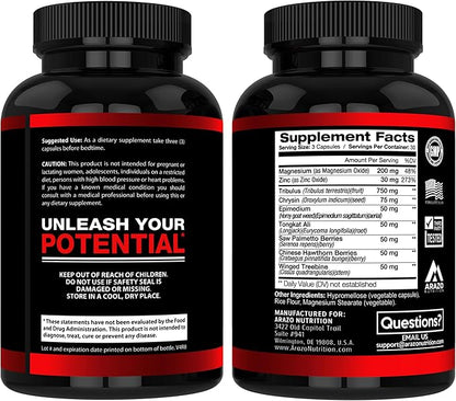 Arazo Nutrition TestoBoost Test Booster Supplement - Potent & Natural Herbal Pills - Boost Muscle Growth - Tribulus, Epimedium, Hawthorn, Zinc, Minerals