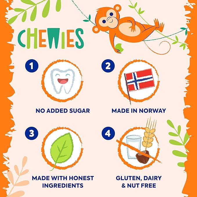 OmegaVia Sugar Free Kids Multivitamin Chewies - Daily Chewable Gummy Vitamins for Kids 3+, Vitamin A, C, D3, E, B6 & B12, Folate & More, Natural Orange Flavor, 30 Count