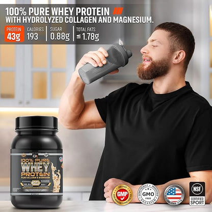 DL 100% Pure Whey Protein + Collagen + Magnesium | 43g. Protein & Essential BCAA´s | Muscle Gain, Recovery & Nutrient delivery | Low Fat Protein | Quik & Easy Mixing | 1 kg (1KG, Vanilla)
