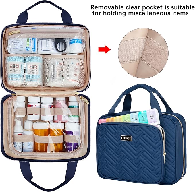 Leudes Travel Pill Bottle Organizer,Medicine Organizer and Storage,Home Medication Bag, Cases,Carrier for Pills,Vitamin,Fish Oil,Supplements for Women and Men (Medium, Blue)