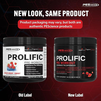 PEScience Prolific Pre Workout, Melon Berry Twist, 40 Scoops, Energy Supplement with Nitric Oxide