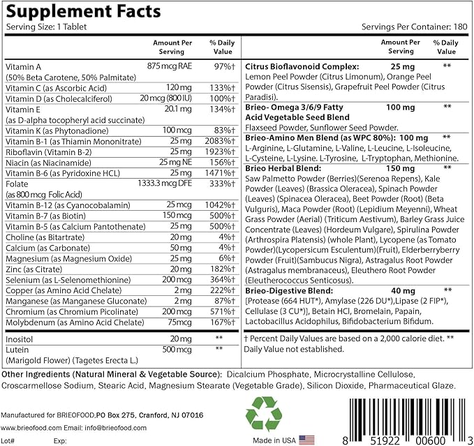 Brieofood BRIOFOOD Day-to-Day Men's Multi 180 Tablets - Food Based Supplement with Vegetable Source Omegas