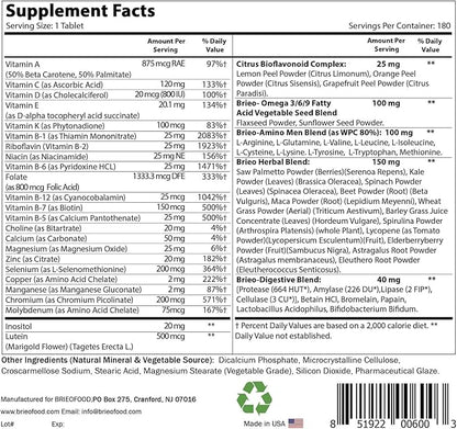 Brieofood BRIOFOOD Day-to-Day Men's Multi 180 Tablets - Food Based Supplement with Vegetable Source Omegas