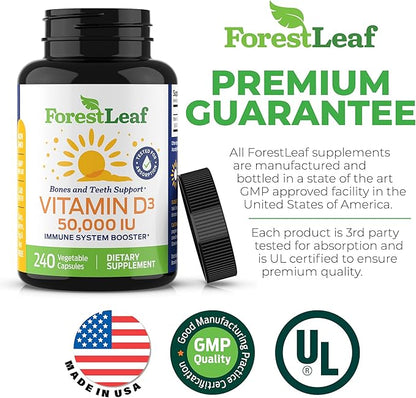 ForestLeaf Vitamin D3 50000 IU - Bone Health and Immune Support - Small Easy to Swallow Vegetable Capsules - Non-GMO Gluten Free VIT D - VIT D3 Vitamin D Supplements for Women and Men, 240 Count