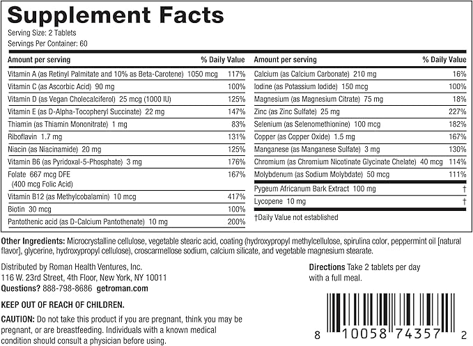ROMAN Daily Multivitamin for Men | Supports Physical Activity, Brain + Heart Health, and Immune System with 23 Key Nutrients Including Calcium, Magnesium, and Zinc | 60-Day Supply (120 Tablets)
