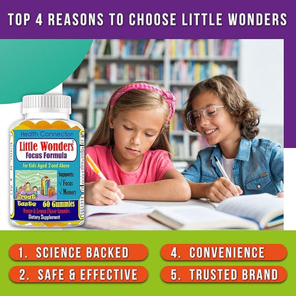 Littlewonders Kids Brain Supplements for Memory and Focus | Nootropics Brain Support Supplement | EPA DHA Omega 3 Childrens Vitamins | Vegan-Friendly, Non-GMO, Tasty Gummy Vitamins 60Ct